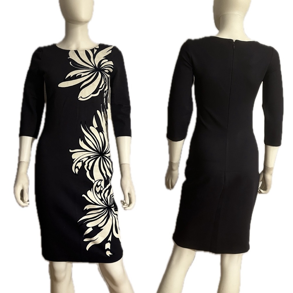 NWT Knee-Length‎ 3/4 Sleeve Sheath Dress Scoop Neck Floral Design Gown in Navy